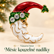 Vánoční brož Měsíc kouzelné nadílky – Santa v půlměsíci – obrázek s českým názvem / Vianočná brošňa Mesiac čarovnej nádielky – Santa v polmesiaci – obrázok s českým názvom
