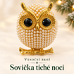 Vánoční brož Sovička tiché noci – sova s perleťovým vzhledem – obrázek s českým názvem / Vianočná brošňa Sovička tichej noci – sova s perleťovým vzhľadom – obrázok s českým názvom